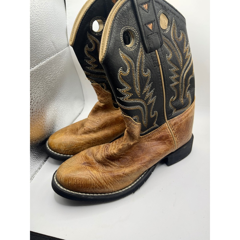 Old West Kids Leather Cowboy Boots CW2553 Tan Black Western Style Size 10 - Picture 2 of 7